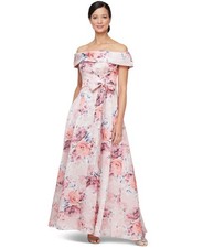 Alex Evenings Petite Floral-Print Off-The-Shoulder Gown Blush Multi Size 8P 249