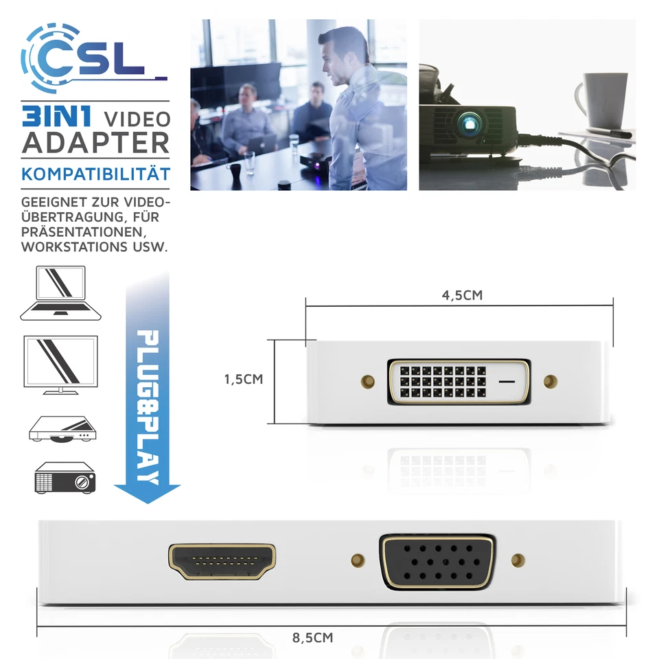CSL 3in1 Mini Display Port zu HDMI + DVI + VGA Adapter / Konverter für PC & MAC - Bild 3 von 4
