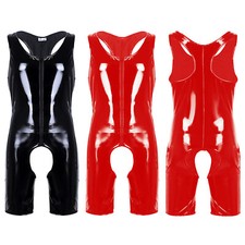 Men's Crotchless Catsuit Bodysuit Leather Sleeveless Leotard Zipper Front Party
