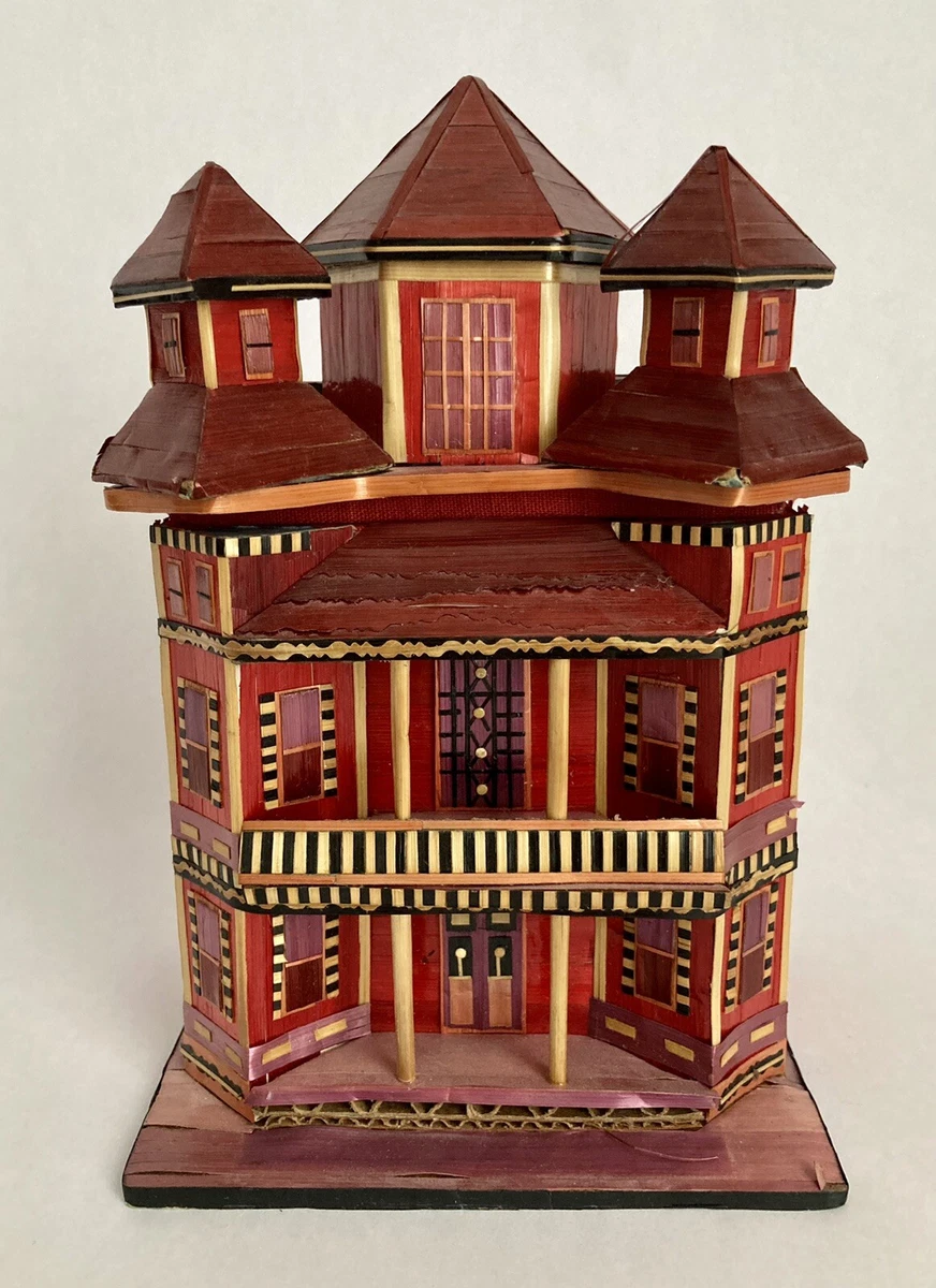 Vintage Straw Trinket Jewelry Box Houses Mansions Balsa Wood Miniatures Lot Of 3