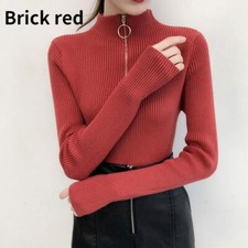 Ladies Slim Fitted Rib Knit Sweater Jumper Pullover Zip Basic Knitwear Solid