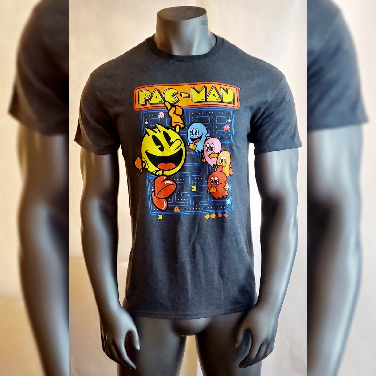 NWT PAC-MAN FASHION T-SHIRT MEN'S CREW NECK SHORT SLEEVE REGULAR FIT SIZE S GRAY