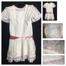 Vtg 1980s Gunne Sax Jessica McClintock Sz 4 Dress Drop Waist Lace Ribbon White