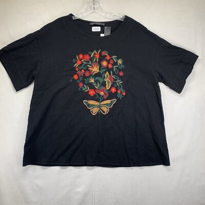 Women s XXL Top Black Tunic Embroidered Flowers & Butterfly 100% Cotton Zanzea