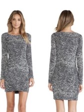 HALSTON HERITAGE Twist Drape Skirt Boatneck Dress in Grey Woven Slub Print Sz S