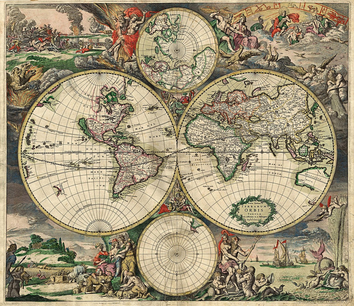 ケンブリッジ ヴィンテージ 絵地図 地図 ポスター 1689 World Map Gerard van Schagen Vintage Style Antique Wall Art
