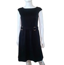 DAVID MEISTER Cotton Pique Boatneck Cap Sleeve Belted Dress w/Pockets Sz 12 Blk