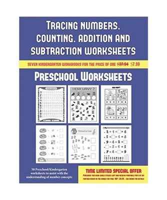 Preschool Worksheets [Tracing numbers, counting, addition and subtraction]: 50 P