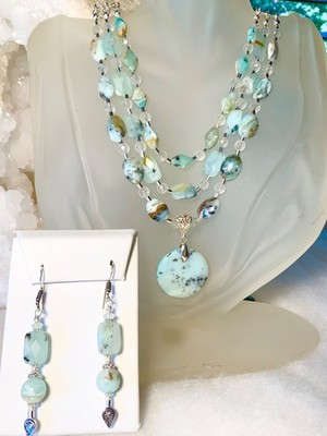OOAK SS .925 BLAUER PERUANISCHER OPAL HALSKETTE 3 STRÄNGE & OHRRINGE UND SET