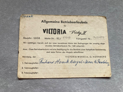Betriebserlaubnis Victoria Vicky 4 IV 1955 Original