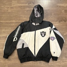 Vintage Raiders Jacket Mens XL Black NFL Football Hooded Pro Layer Coat 90s C4