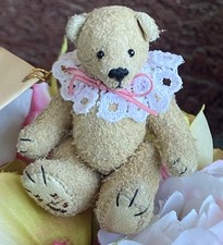 Miniature Dollhouse Artist Tiny Jointed Tan Bear 2  Kathy LacQuay Tagged LOOK 