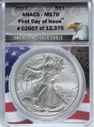 2022 $1 Silver Eagle ANACS Grade MS 70 First Day Issue 02607 of 12,375 Flag Core