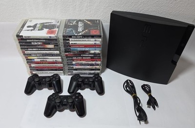 Sony PlayStation 3 PS3 Slim 160 GB Cech 3004A Schwarz + 30 Spiele + 3 Controller