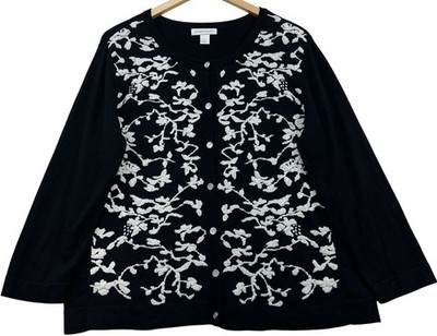Christopher & Banks Women Button-Front Cardigan Sz XL Black White Floral Brocade