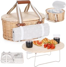 Picnic Basket Set for 2 - Wicker Insulated Picnic Basket with Waterproof Blanket