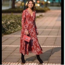 Reformation Sz S Susanna Wrap Midi Dress Long Sleeves in Bryce Red Floral