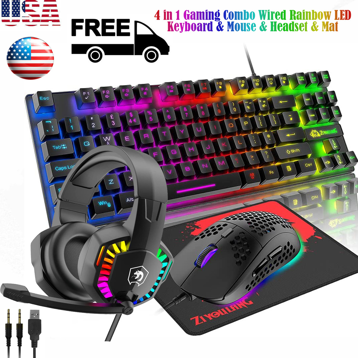 Gaming Keyboard and Mouse Combo 88 Keys Rainbow Backlit Mechanical Feel for  PC