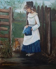 mixed media original vintage Oil  painting YOUNG WOMAN WAITING FOR HER LOVE"