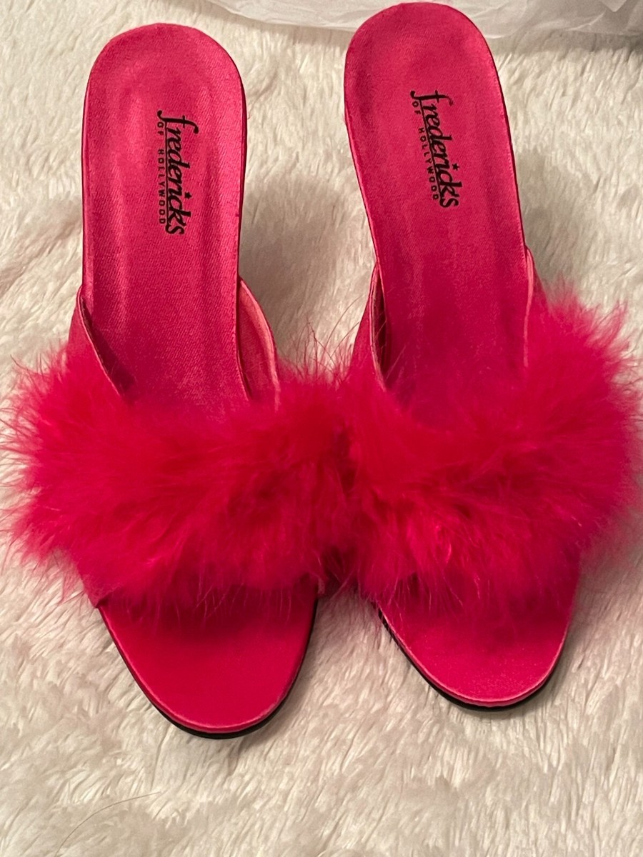 New Vtg Frederick's of Hollywood Glamour Girl Pink Feather Marabou Heels  Slipper