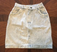 Vintage 80s Light Wash High Waisted Slit Denim Jean Skirt Silver Unicorn Buttons