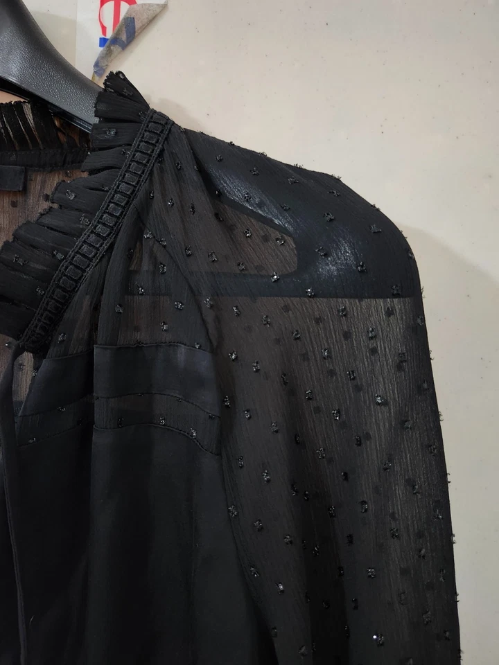 Vestido All Saints Mujer M Negro Veda Brillo Mini Clip Suizo Punto Transparente Cuello en V Corbata Foto 4 de 4