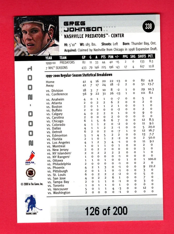 2000-01 BAP Memorabilia Ruby #338 Greg Johnson Nashville Predators /200 - Image 2 of 2