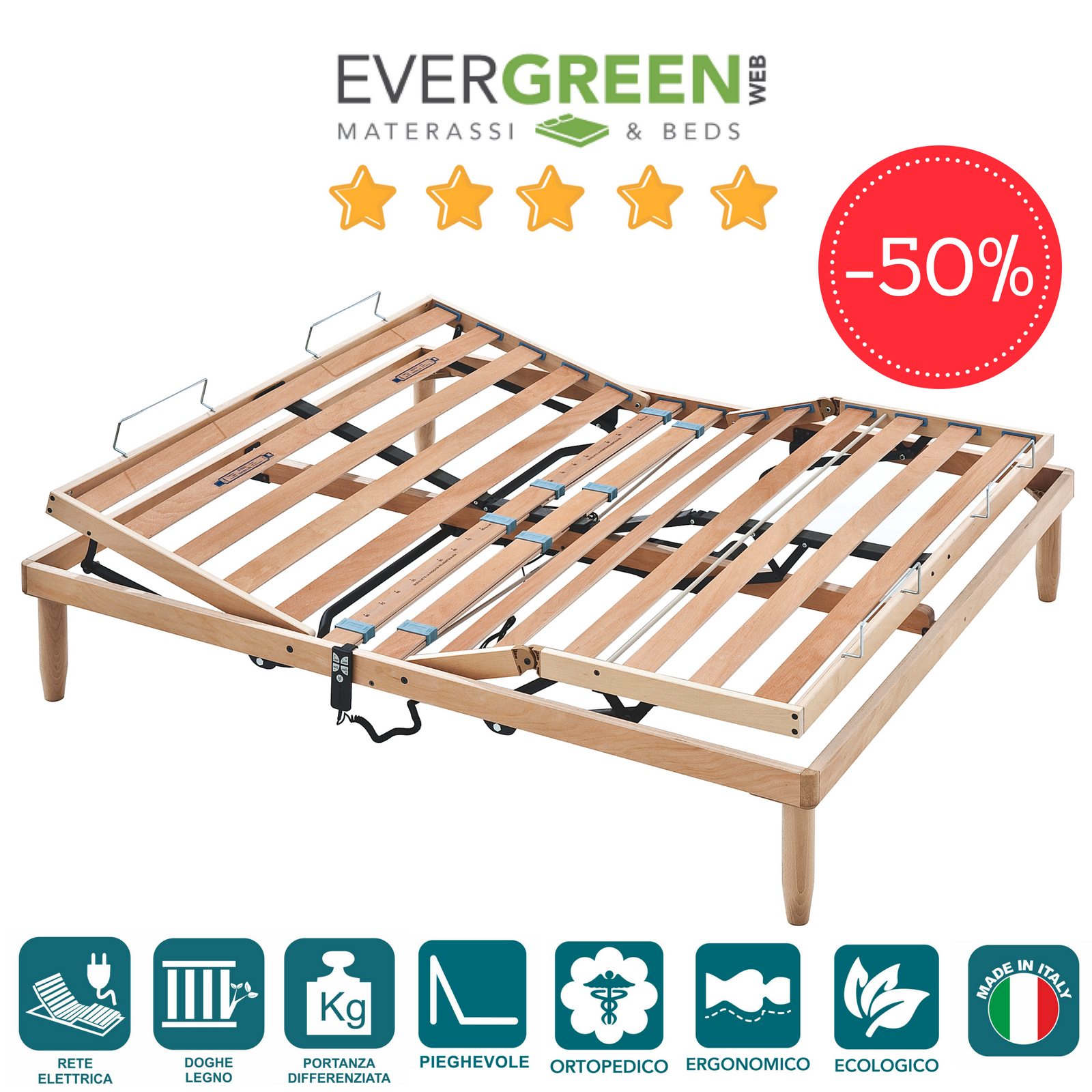 Rete Matrimoniale Elettrica 140x190 a Doghe in Legno Ortopedica Alzata Motorizza