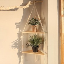 Boho Wooden Floating Double Corner Shelf Macrame Bohemian Decor Wall Hanging