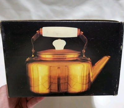 Vintage TAYEE Copper Tea Kettle with White Ceramic Handles Taiwan Boxed