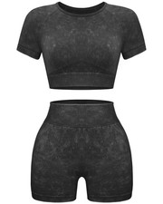 Womens Workout Sets 2 Piece - Seamless Acid Wash Yoga Outfits Leggings Shorts...