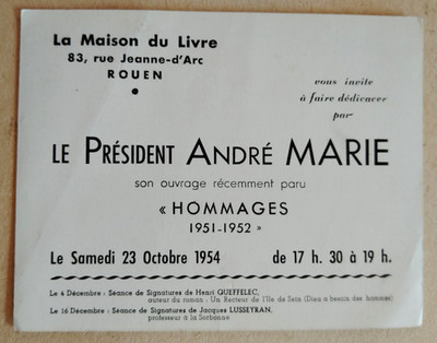 ANDRÉ MARIE BARENTIN ROUEN 1954 PRÄSIDENT BUCH EHRUNGEN WIDMUNG EINLADUNG SEHR GUTER ZUSTAND