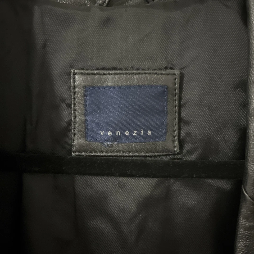 复古 Y2K Venezia L 黑色皮革外套纽扣腰带 Maxi Chic 大衣 — 第 3/4 张图片