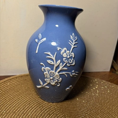 Vintage Stangl Pottery 6.5” Blue Vase White Floral Embossed Design - Small Chip