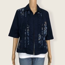 Coldwater Creek Size 12 Navy Blue Gold Metallic Floral Open Front Jacket Blazer