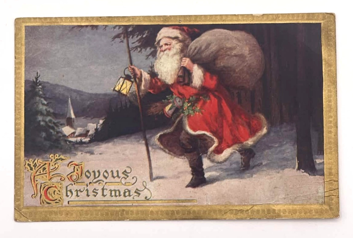 Antique Santa Claus Lantern Snow Village Scene A Joyous Christmas Postcard