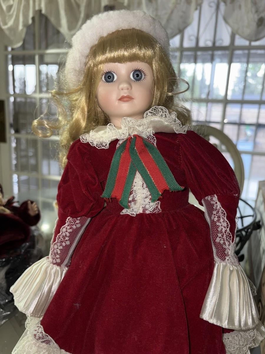 porcelain doll red velvet dress Vintage In 16” Handmade Porcelain Doll w/ Red