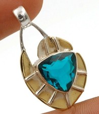 Two Tone 4CT Natural Apatite 925 Solid Sterling Silver Pendant 1 1/2