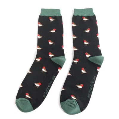 MR SPARROW Robin Socks Mens Sock 7-11 Men Robins Bird Christmas Gift Black
