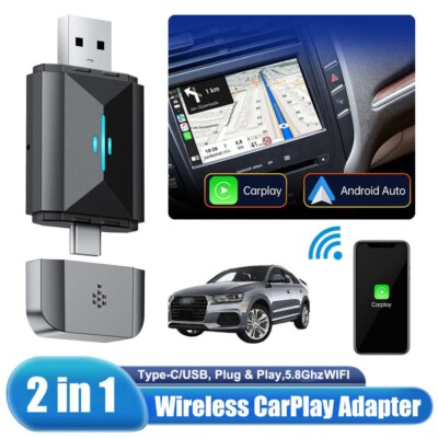 2 IN 1 Wireless Carplay Android Auto Adapter, USB Type C Plug & Play Car Dongle~