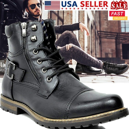 Men Motorcycle Combat Boots Military Boots Riding Ankle Leather Boots