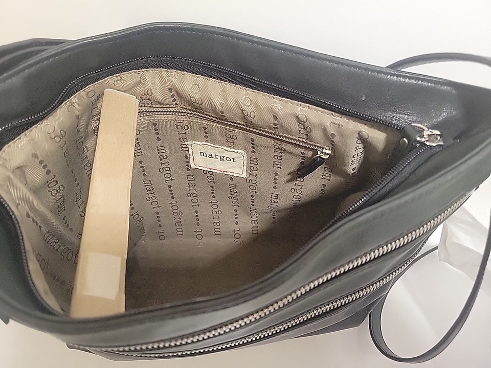 Margot Black Pebbled Leather Crossbody Handbag Purse Double Zip Pocket