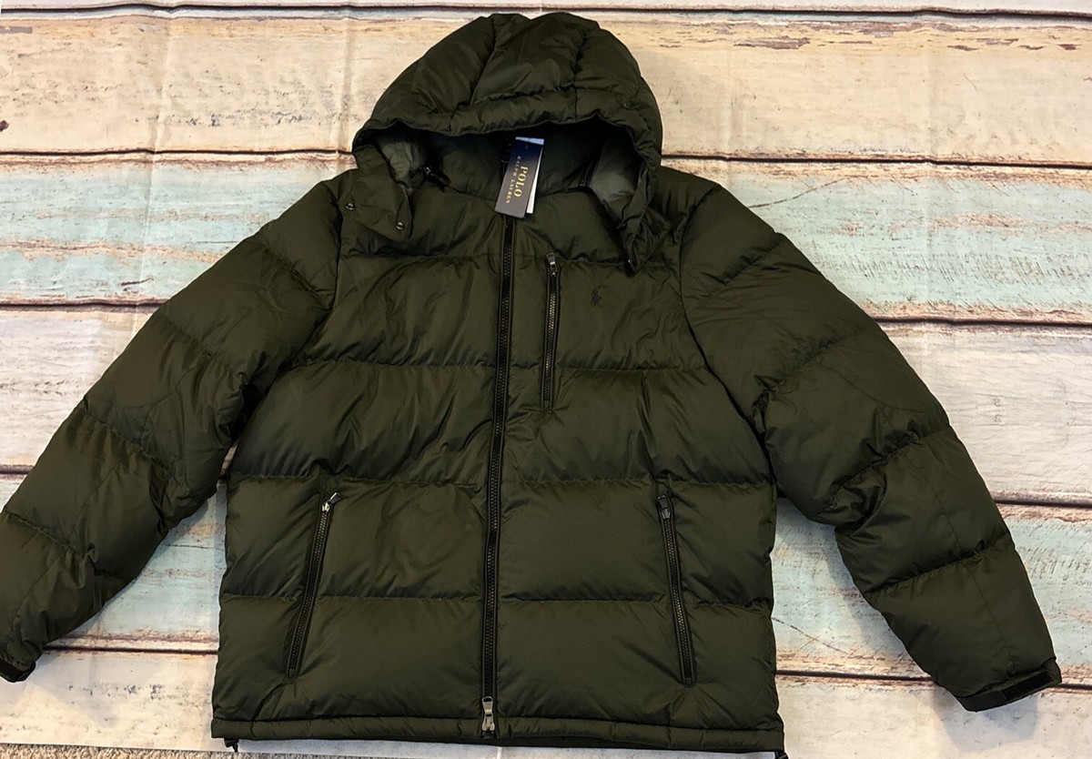 New Polo Ralph Lauren Men's Olive Green Hooded Puffy Down Jacket