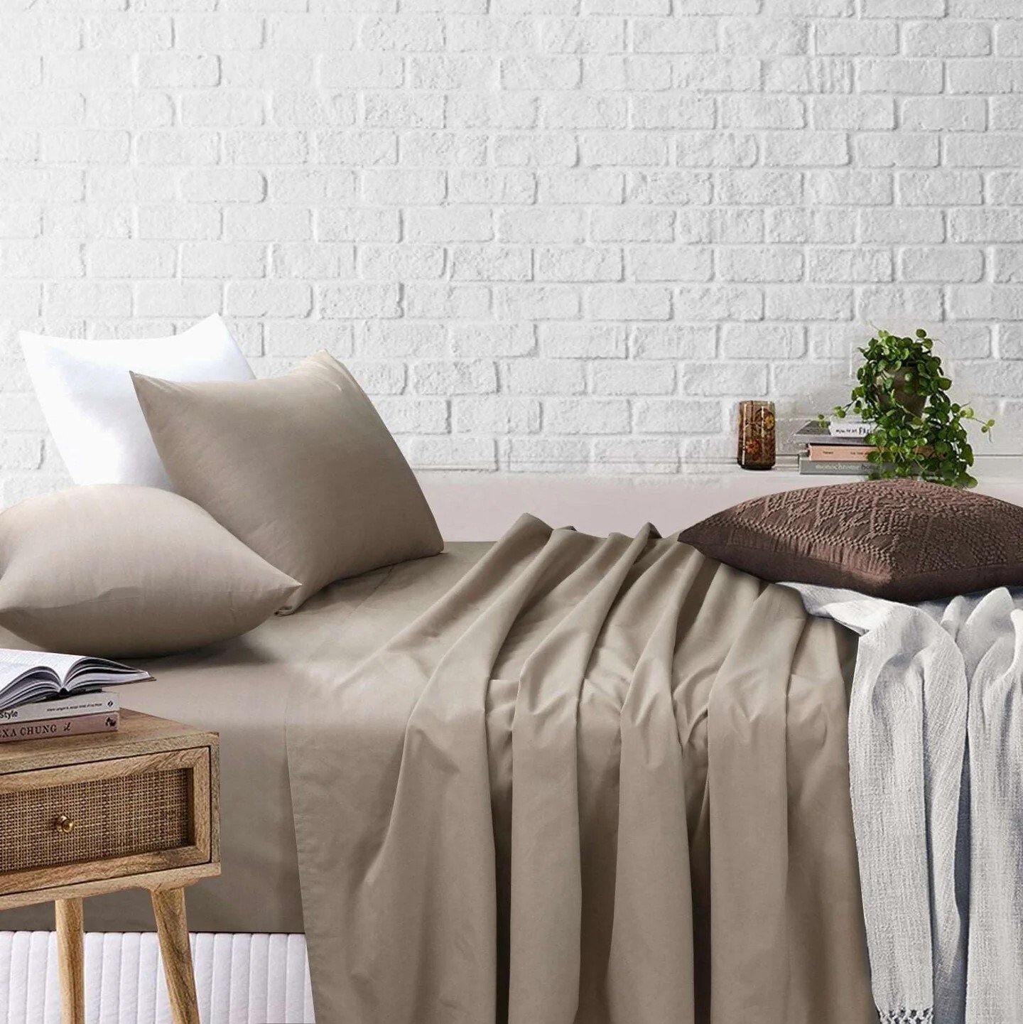 Beige Bed Sheets 4Pcs Cotton Rich Single Double King Queen Super King Flat Sheet-image
