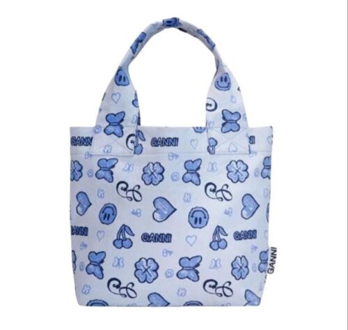 GANNI COTTON CANVAS TOTE Blue SMILEY FACE bag Shoulder Butterly Heart - Picture 1 of 10