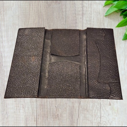 VTG Antique Pebbled Leather Stitched 3 Fold Vest Pocket Long Wallet Bill Fold 9" - Picture 2 of 8