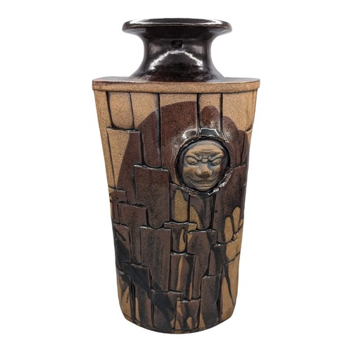 ✨ 18.25" JOP Studio Face Pottery Floor Vase Tenmoku Puzzle Brick Wall Signed