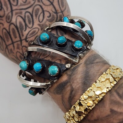 Vintage Native American Sterling Silver Old Pawn Turquoise Cuff Old Pawn Turquoise Nugget Cuff Bracelet | Burton main image 3
