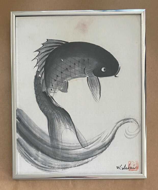 H. Sakai Japanese Black Fish Watercolor Painting. 8in X 10in