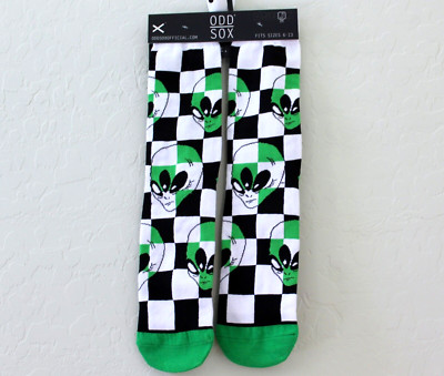 Odd Sox Alien Heads Checkered Novelty Crew Socks Fits Sizes 6-13 NEW